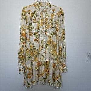 Cottagecore Tiered Dress Floral Yellow Lace Size L